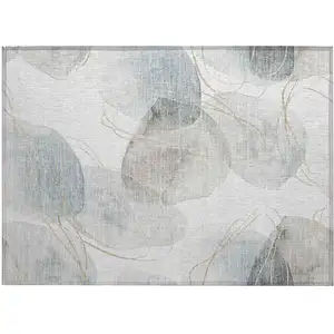 Photo of Ivory Blue and Gray Abstract Washable Non Skid Indoor Outdoor Area Rug