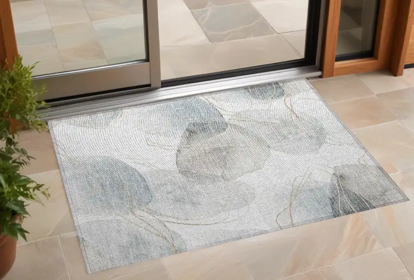 Ivory Blue and Gray Abstract Washable Non Skid Indoor Outdoor Area Rug Photo 1