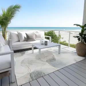 Photo of Ivory Blue and Gray Abstract Washable Non Skid Indoor Outdoor Area Rug