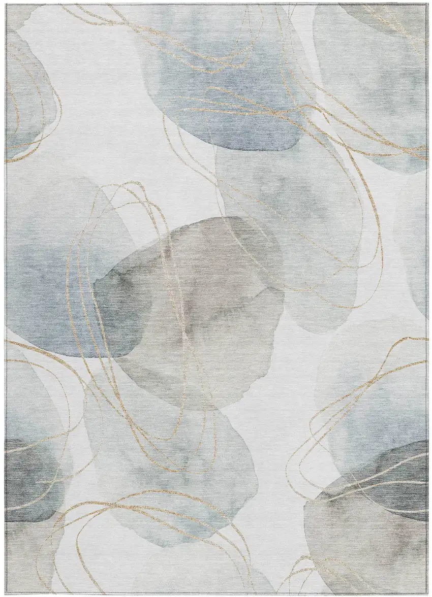 Ivory Blue and Gray Abstract Washable Non Skid Indoor Outdoor Area Rug Photo 5
