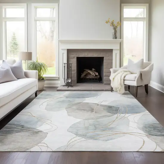 Ivory Blue and Gray Abstract Washable Non Skid Indoor Outdoor Area Rug Photo 9