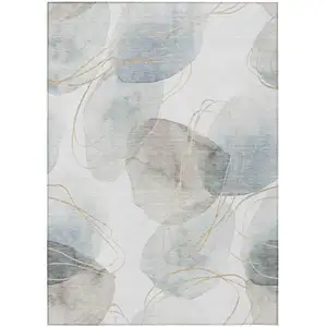 Photo of Ivory Blue and Gray Abstract Washable Non Skid Indoor Outdoor Area Rug