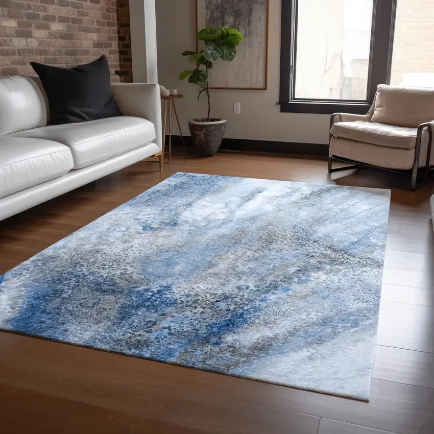 Ivory Blue and Gray Abstract Washable Non Skid Indoor Outdoor Area Rug Photo 8