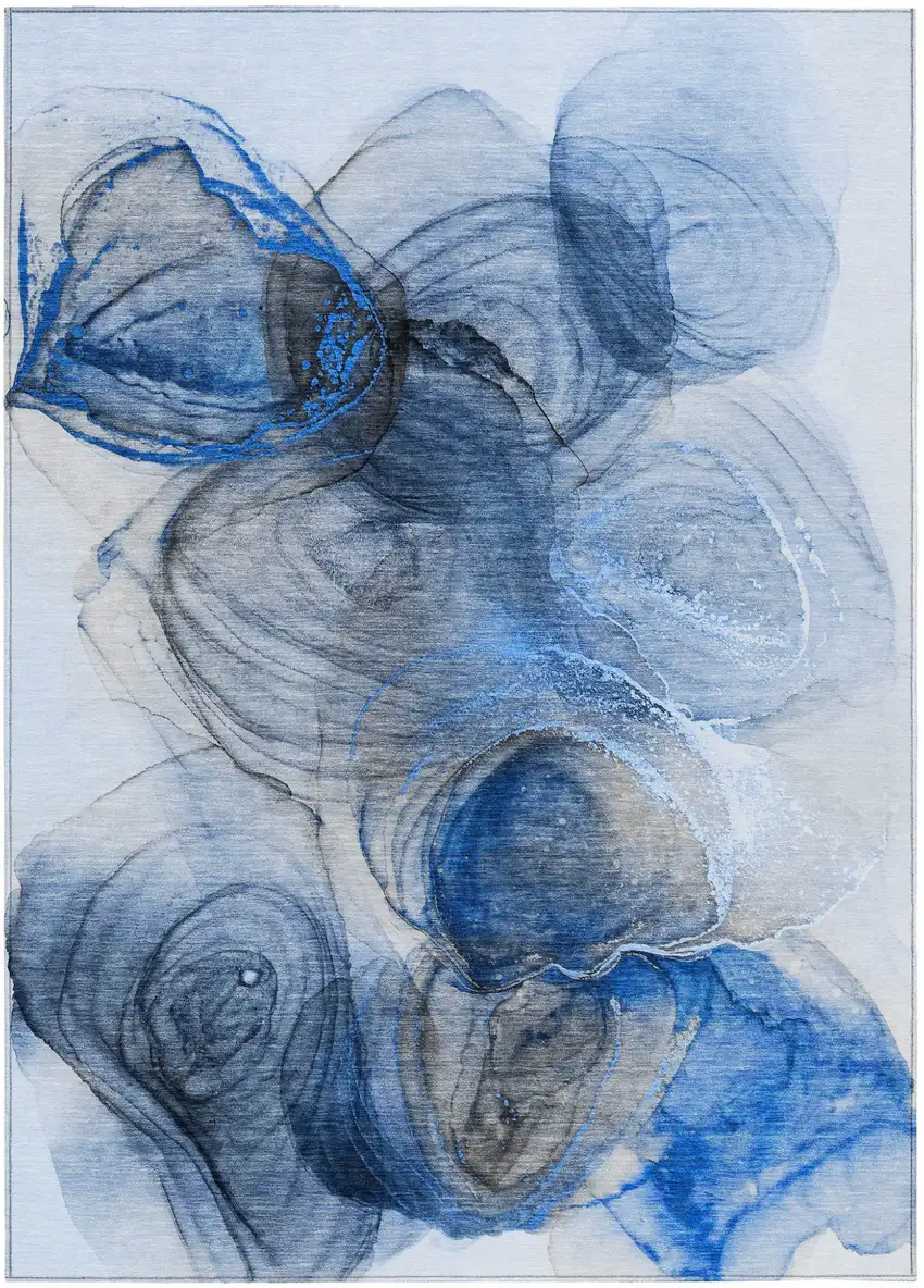 Ivory Blue and Gray Abstract Washable Non Skid Indoor Outdoor Area Rug Photo 2
