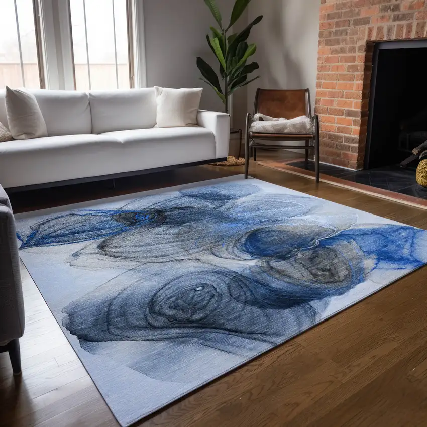 Ivory Blue and Gray Abstract Washable Non Skid Indoor Outdoor Area Rug Photo 9