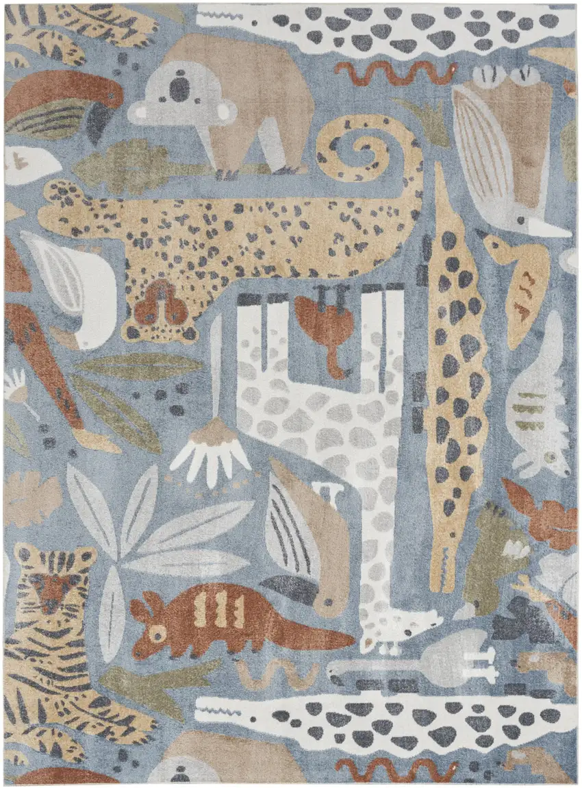 Ivory Blue and Gray Animal Print Power Loom Washable Area Rug Photo 1