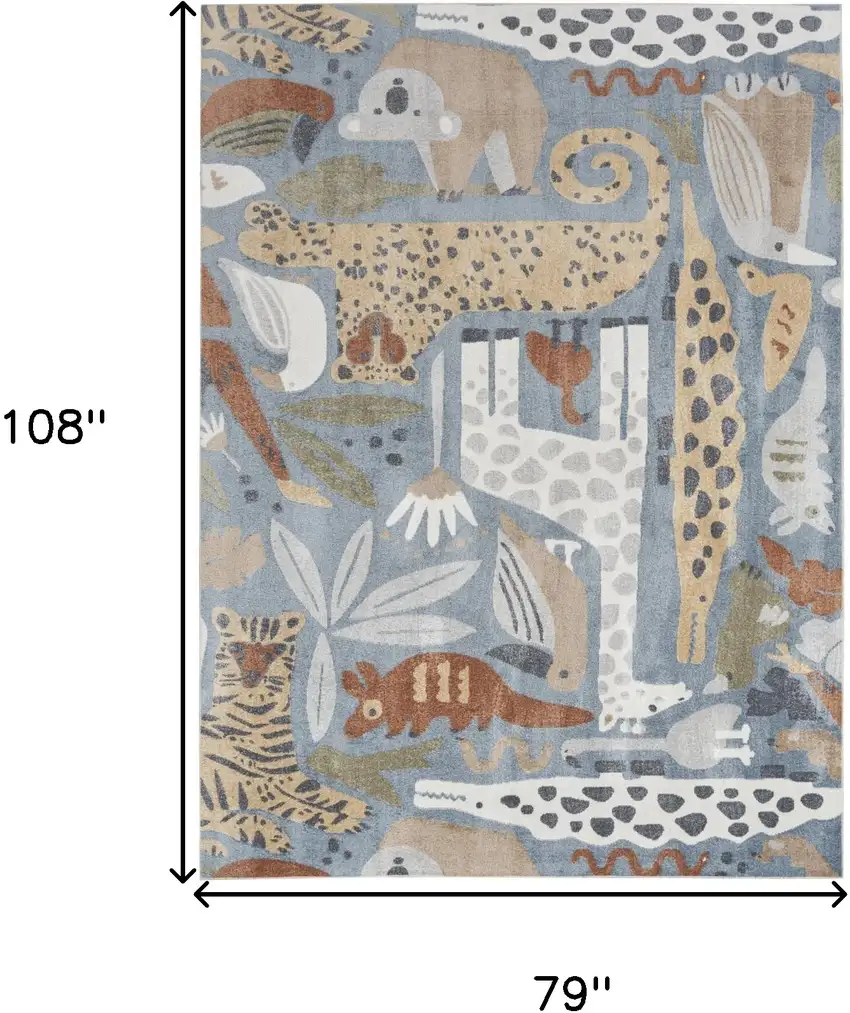 Ivory Blue and Gray Animal Print Power Loom Washable Area Rug Photo 8