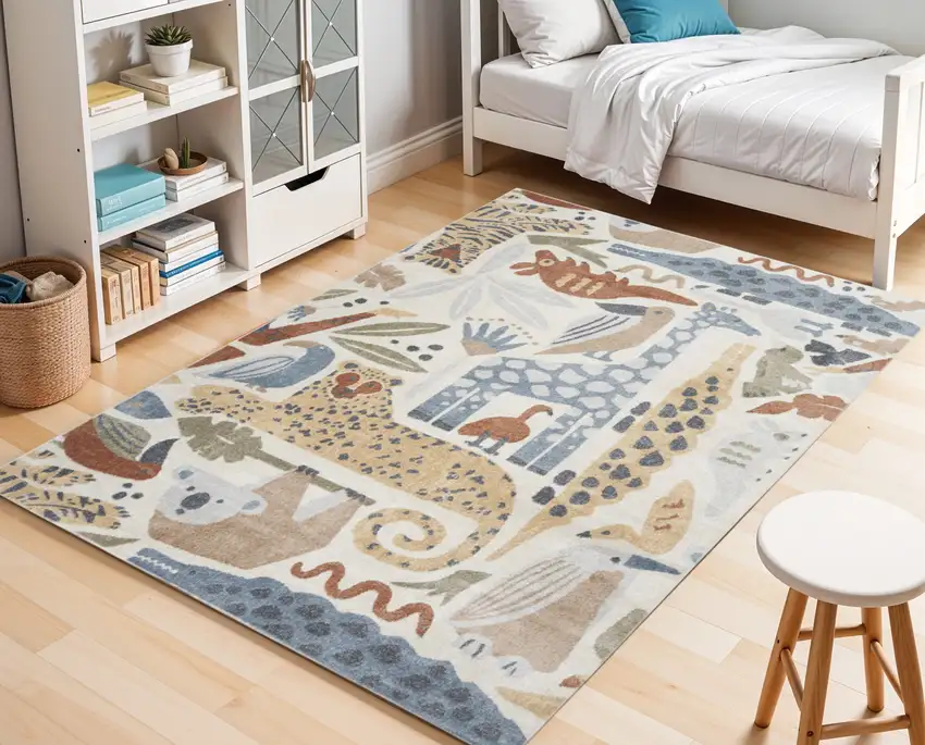 5' X 7' Ivory Blue and Gray Animal Print Washable Area Rug Photo 1