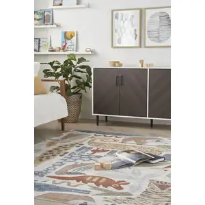 Photo of Ivory Blue and Gray Animal Print Washable Area Rug
