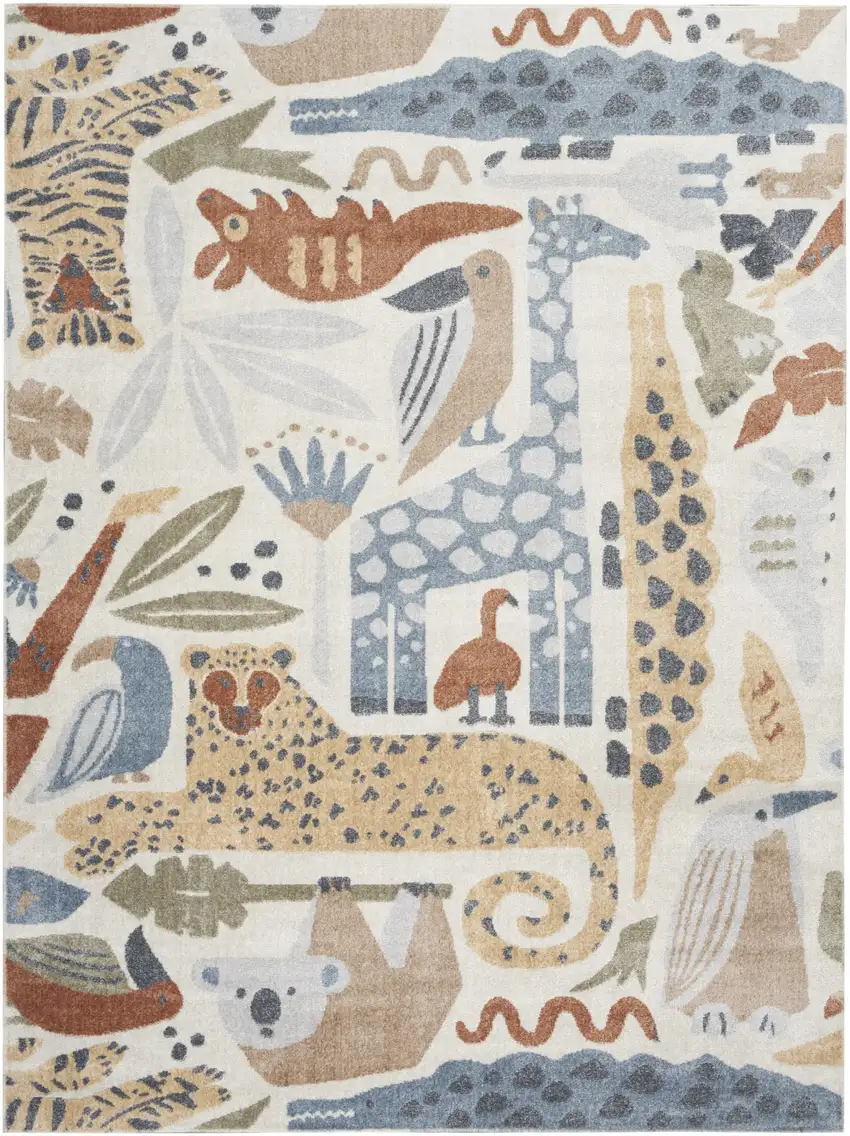 Ivory Blue and Gray Animal Print Washable Area Rug Photo 1