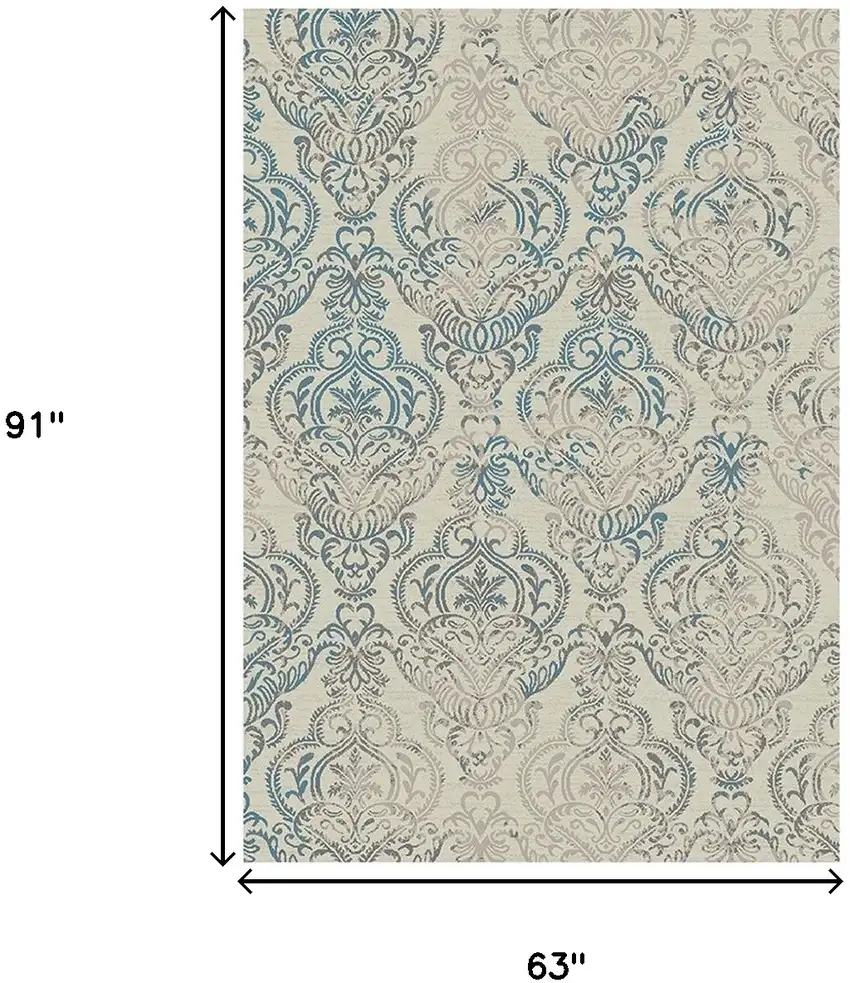 Ivory Blue and Gray Damask Distressed Area Rug Photo 5