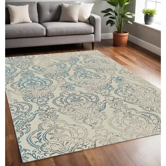 Ivory Blue and Gray Damask Distressed Area Rug Photo 5