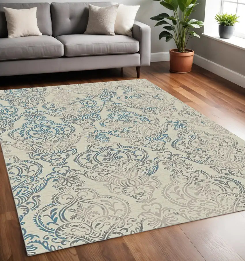 Ivory Blue and Gray Damask Distressed Area Rug Photo 5
