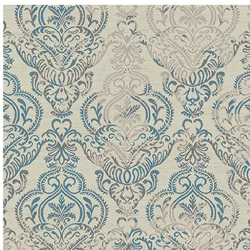 Ivory Blue and Gray Damask Distressed Area Rug Photo 3