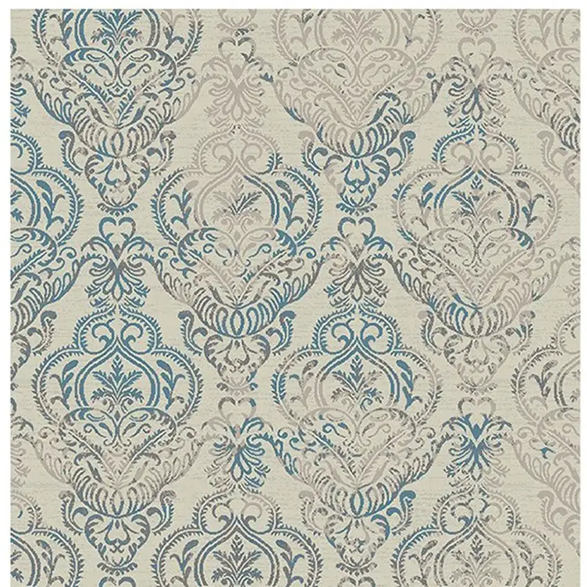 Ivory Blue and Gray Damask Distressed Area Rug Photo 4