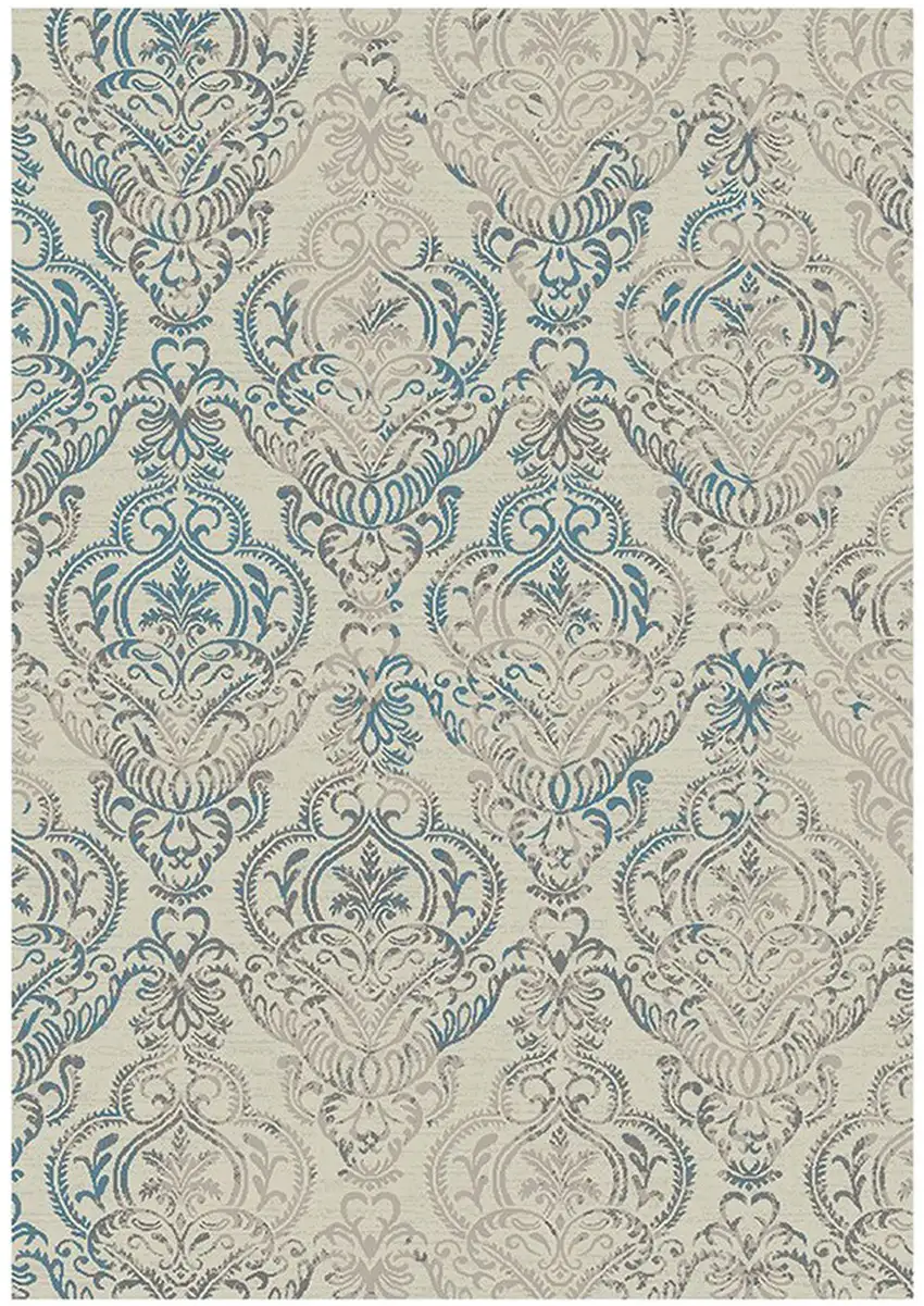 Ivory Blue and Gray Damask Distressed Area Rug Photo 2
