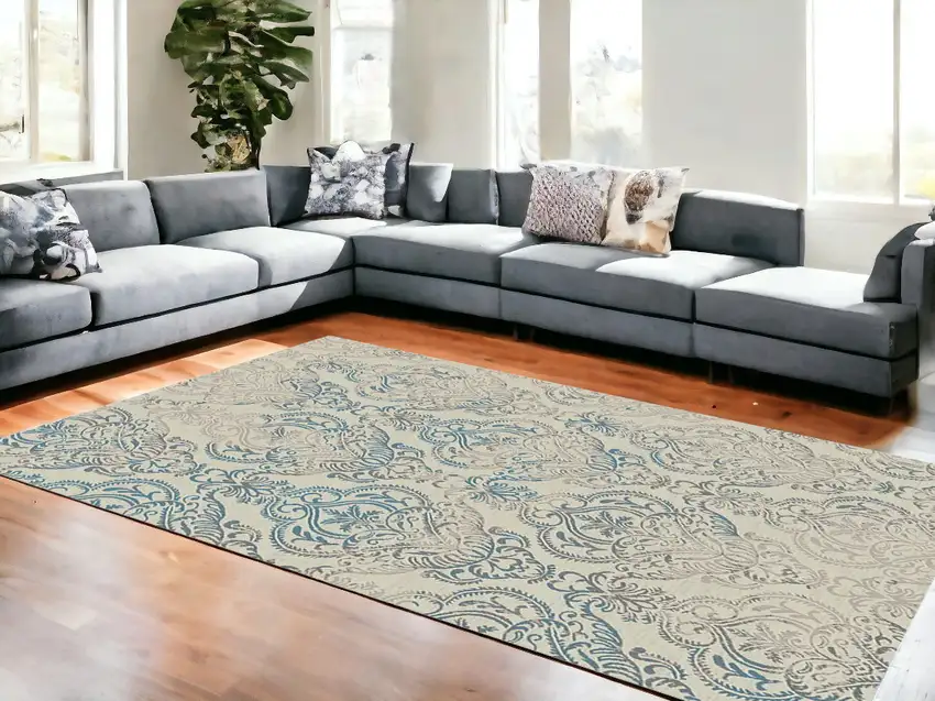 Ivory Blue and Gray Damask Distressed Area Rug Photo 1