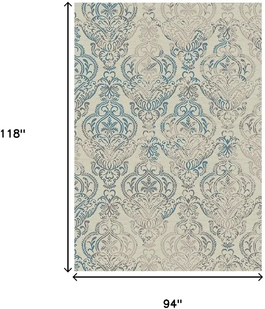 Ivory Blue and Gray Damask Distressed Area Rug Photo 5