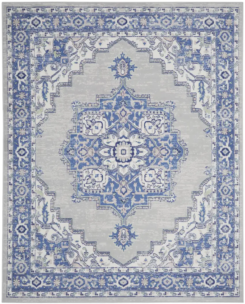 Ivory Blue and Gray Floral Distressed Non Skid Area Rug Photo 2