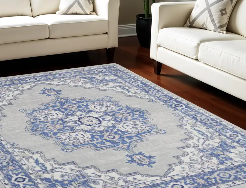 Ivory Blue and Gray Floral Distressed Non Skid Area Rug Photo 1