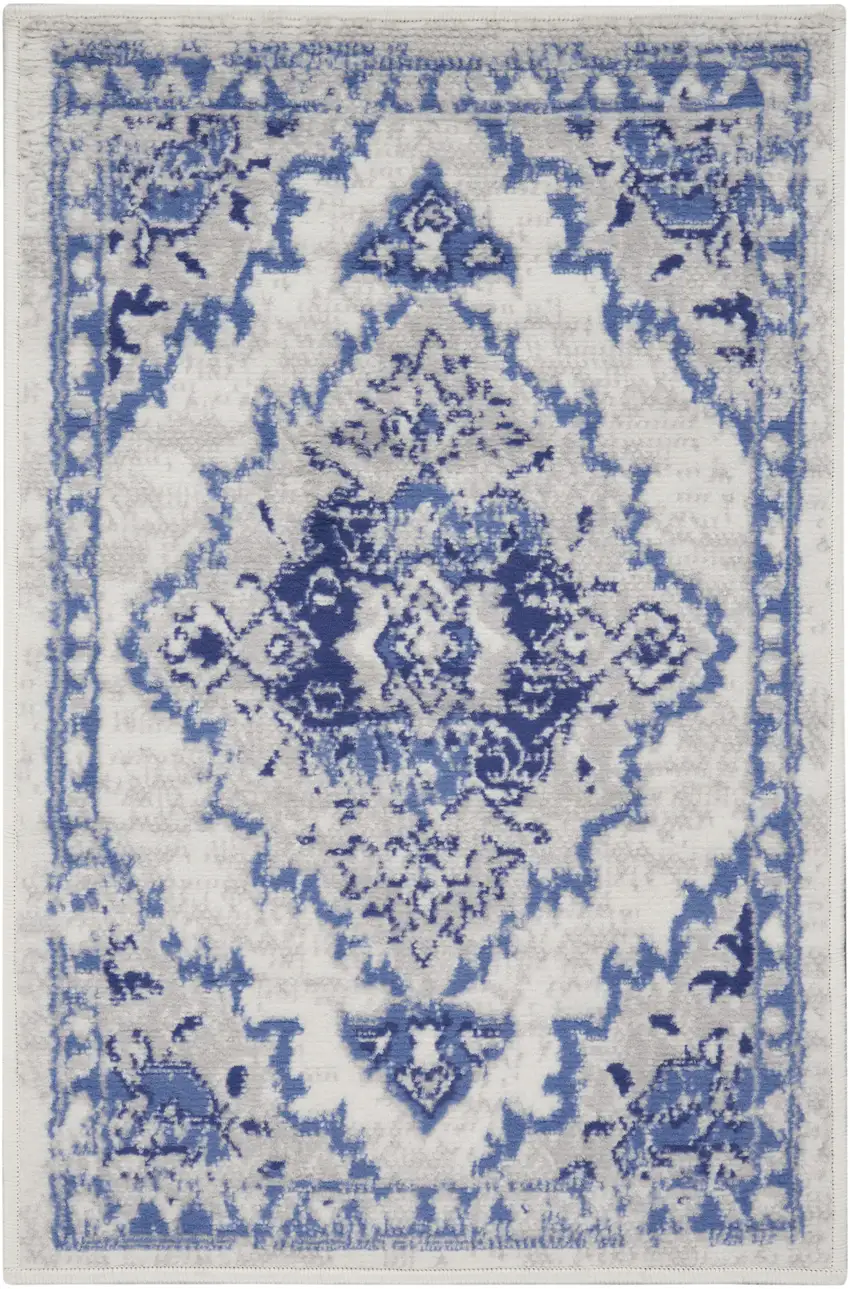 Ivory Blue and Gray Floral Medallion Area Rug Photo 1