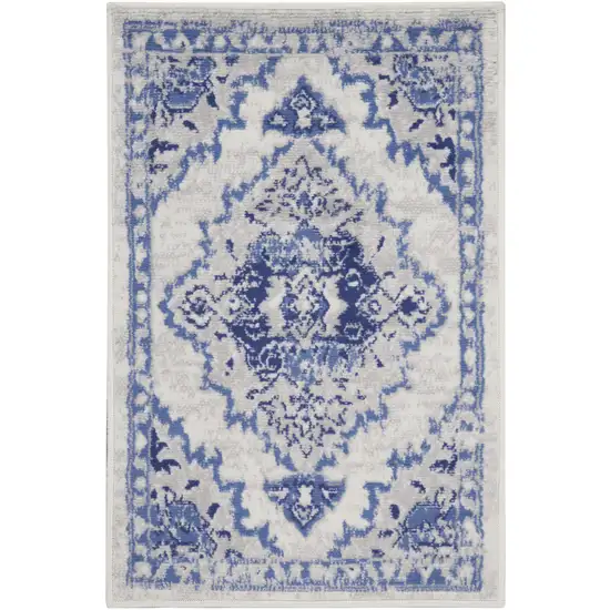 Ivory Blue and Gray Floral Medallion Area Rug Photo 5