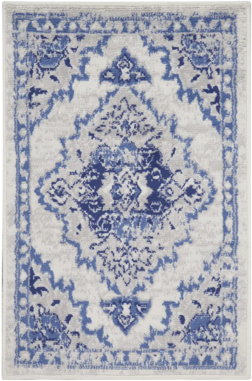 Ivory Blue and Gray Floral Medallion Area Rug Photo 5