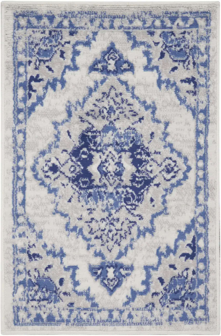 Ivory Blue and Gray Floral Medallion Area Rug Photo 2