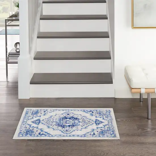 Ivory Blue and Gray Floral Medallion Area Rug Photo 8