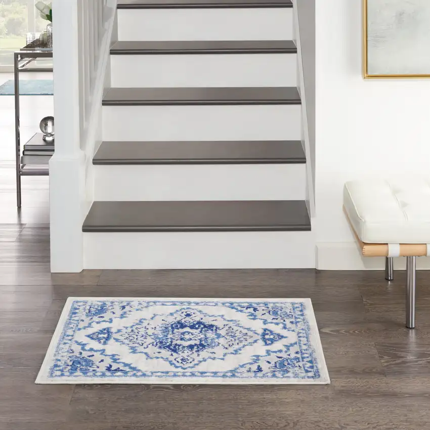 Ivory Blue and Gray Floral Medallion Area Rug Photo 8