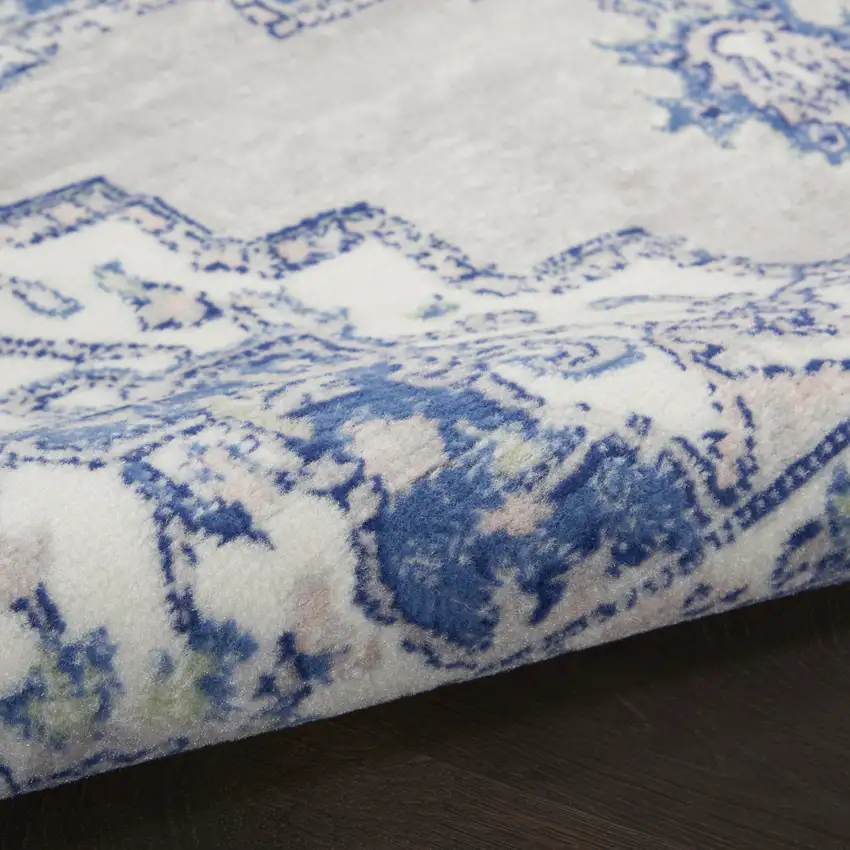 Ivory Blue and Gray Floral Medallion Distressed Non Skid Area Rug Photo 6