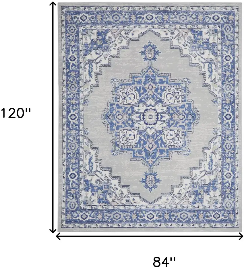 Ivory Blue and Gray Floral Medallion Distressed Non Skid Area Rug Photo 3