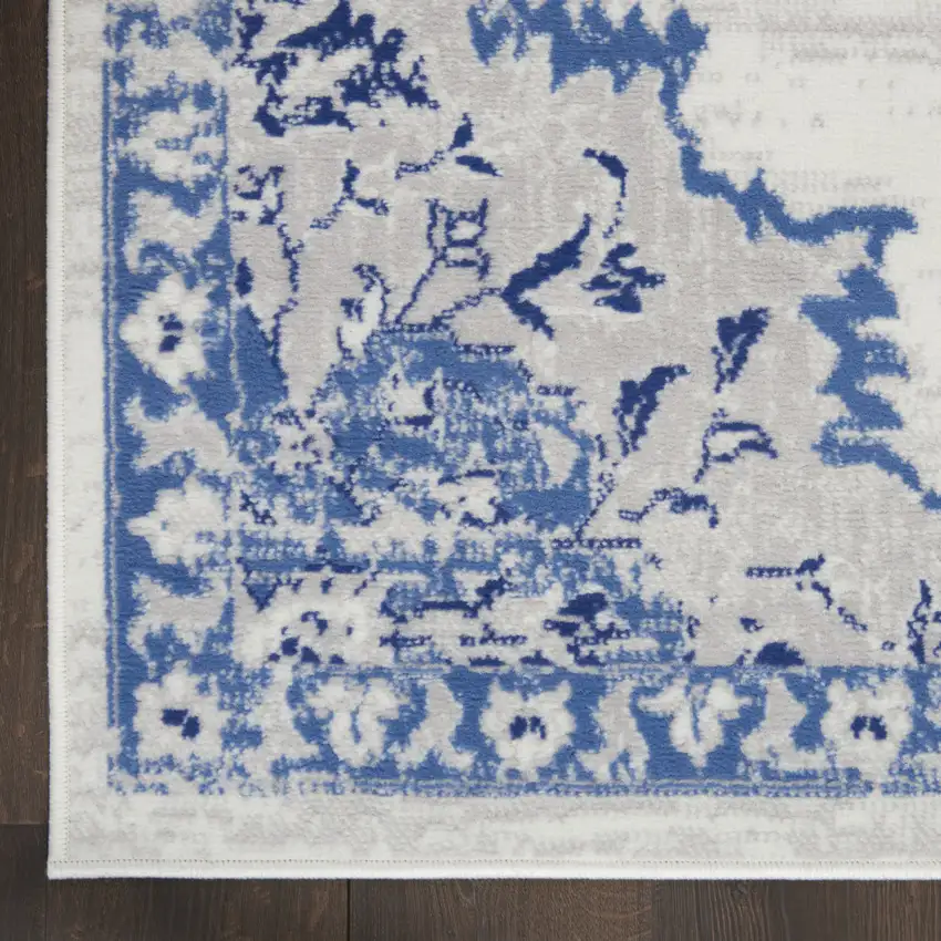 Ivory Blue and Gray Floral Medallion Distressed Non Skid Area Rug Photo 8