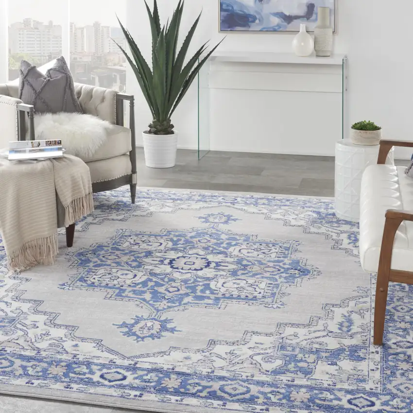 Ivory Blue and Gray Floral Medallion Distressed Non Skid Area Rug Photo 5