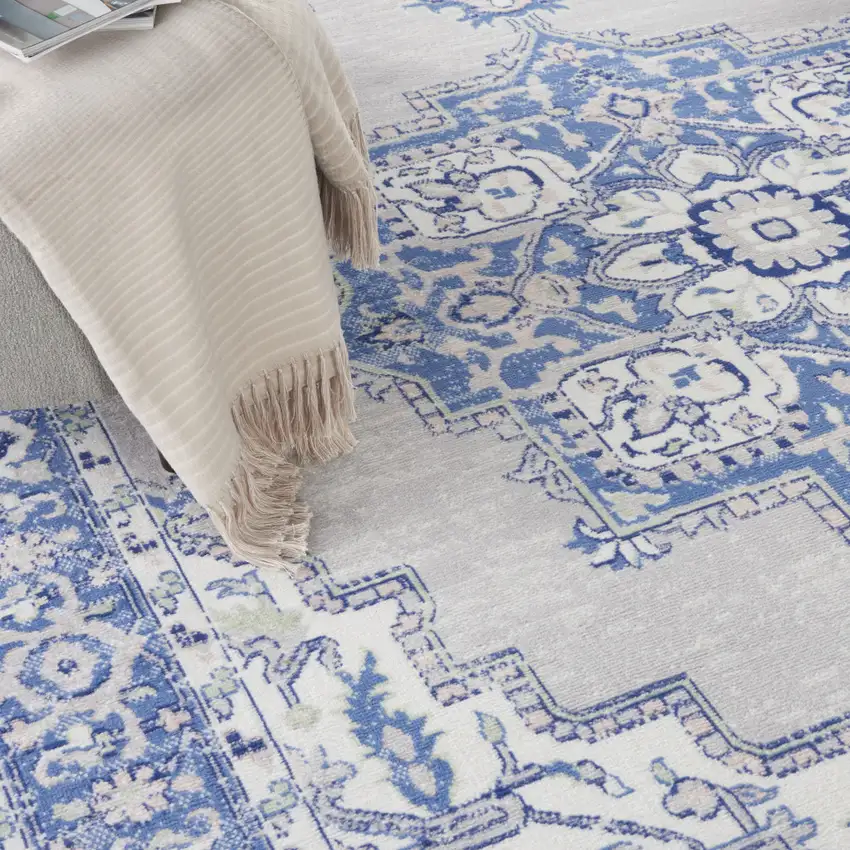 Ivory Blue and Gray Floral Medallion Distressed Non Skid Area Rug Photo 9