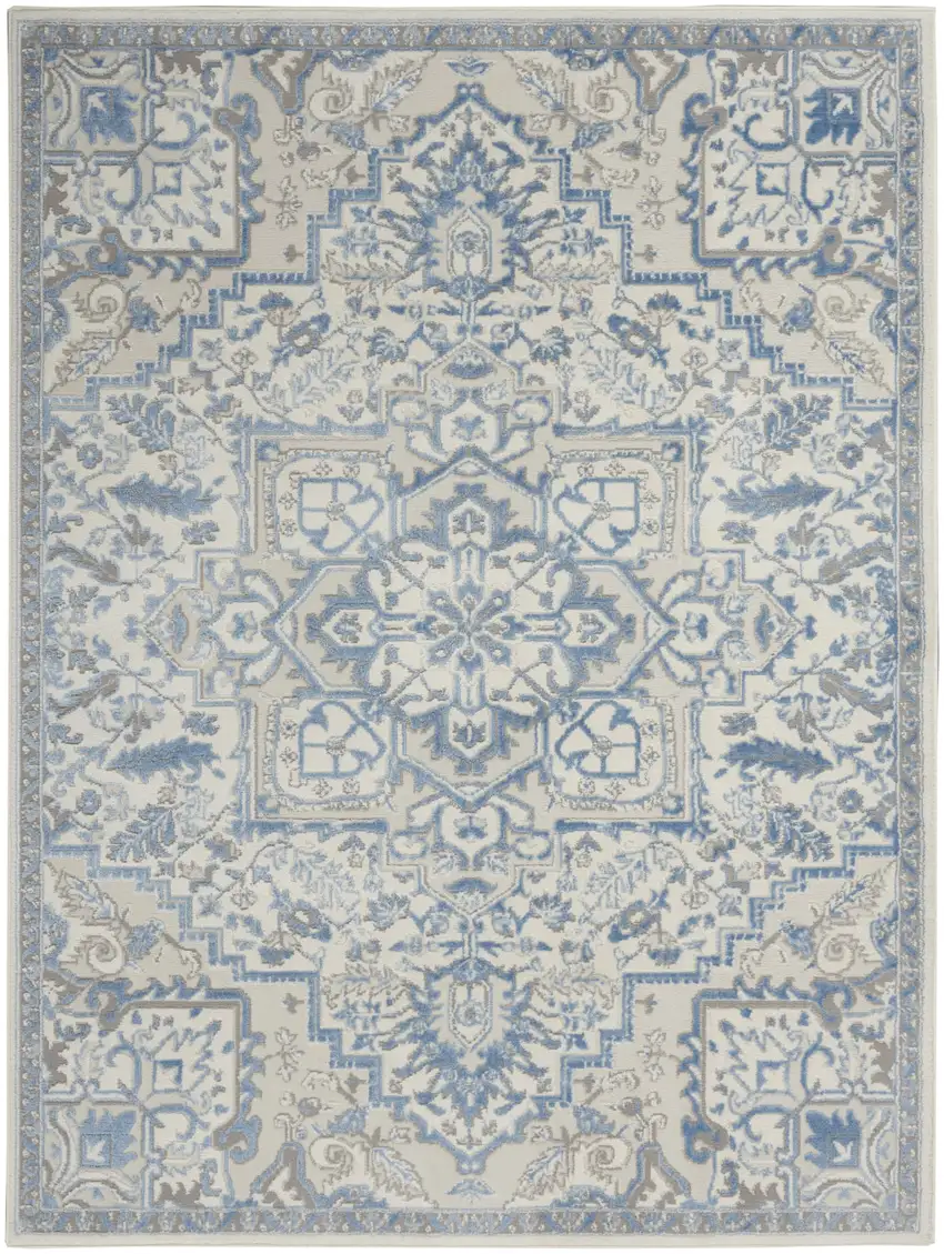 Ivory Blue and Gray Floral Medallion Non Skid Area Rug Photo 1