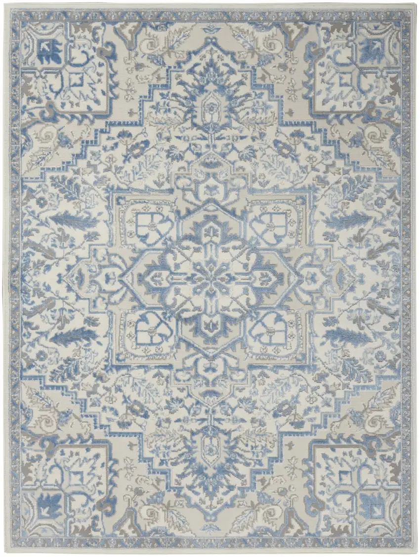 Ivory Blue and Gray Floral Medallion Non Skid Area Rug Photo 8