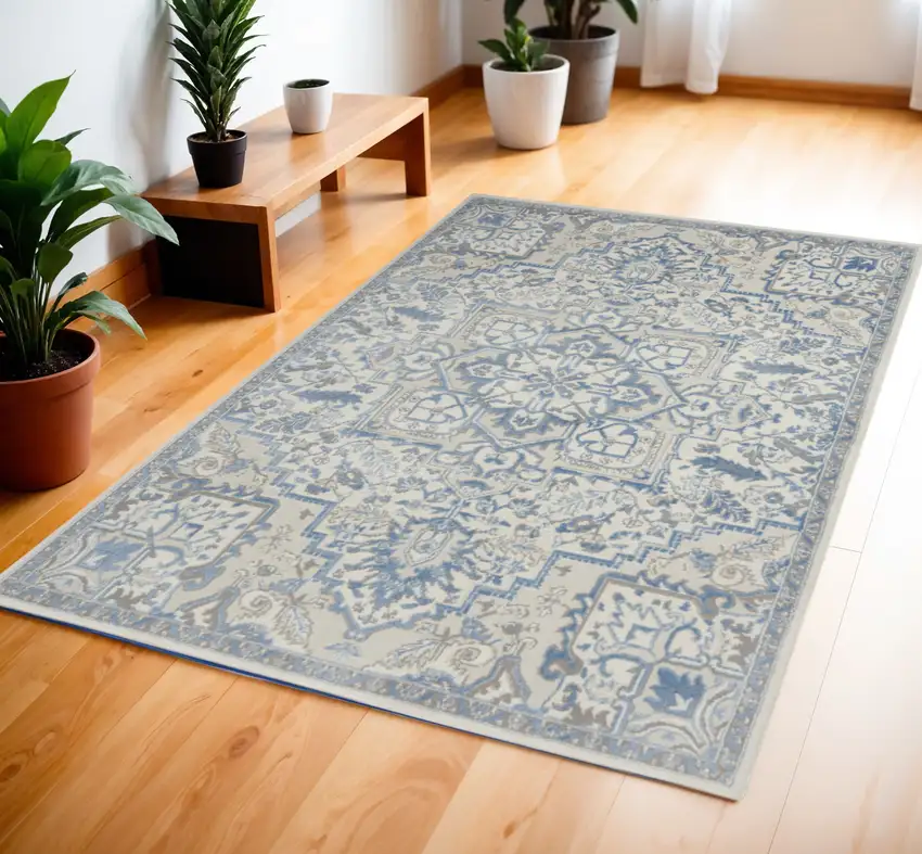 Ivory Blue and Gray Floral Medallion Non Skid Area Rug Photo 1