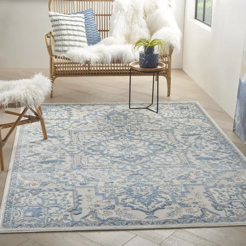 Ivory Blue and Gray Floral Medallion Non Skid Area Rug Photo 9