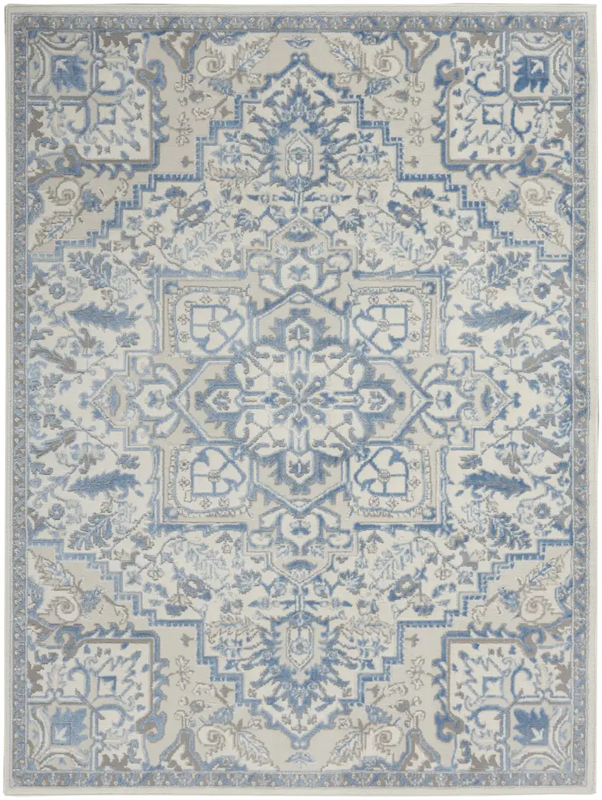 Ivory Blue and Gray Floral Medallion Non Skid Area Rug Photo 2