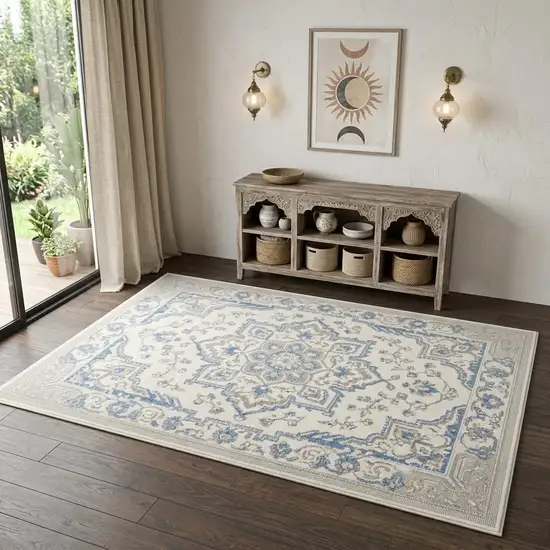 Ivory Blue and Gray Floral Medallion Non Skid Area Rug Photo 1