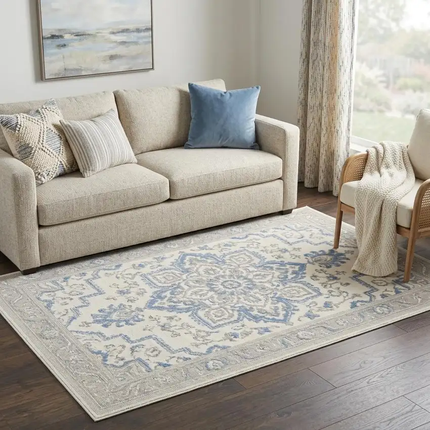 Ivory Blue and Gray Floral Non Skid Area Rug Photo 1