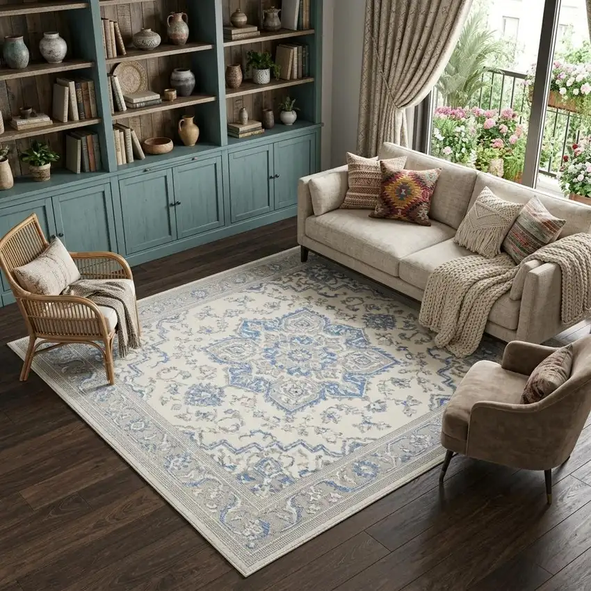 Ivory Blue and Gray Floral Non Skid Area Rug Photo 1
