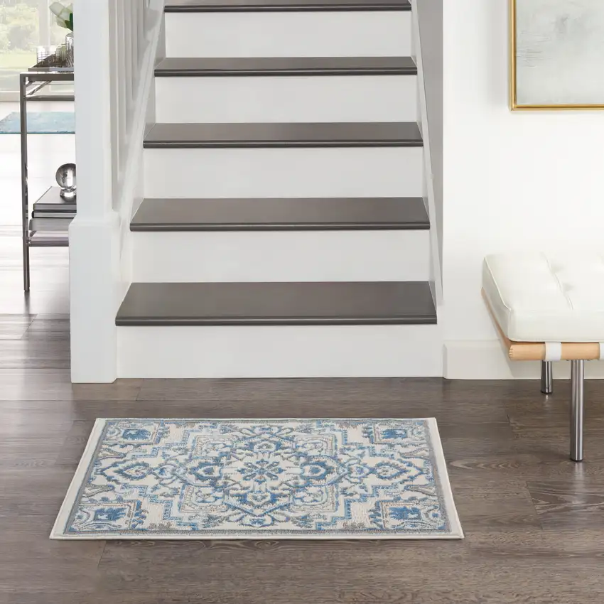 Ivory Blue and Gray Floral Non Skid Area Rug Photo 5