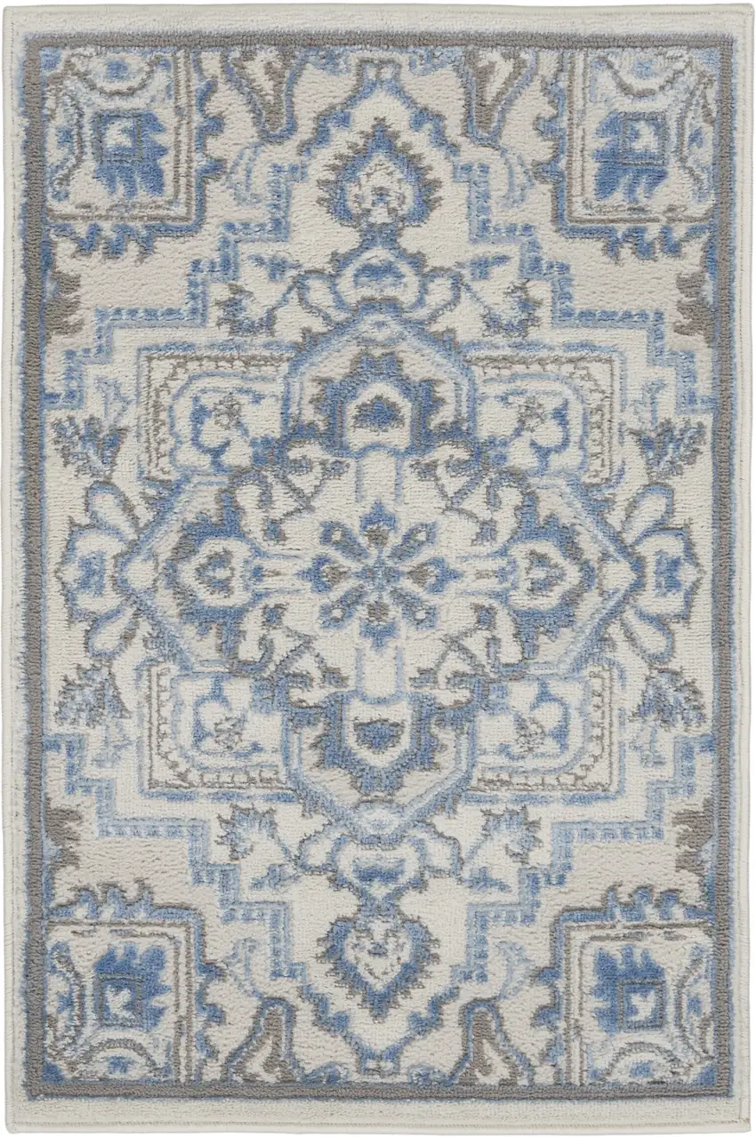 Ivory Blue and Gray Floral Non Skid Area Rug Photo 2
