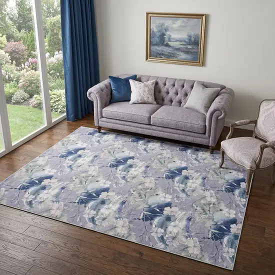 5' X 7' Ivory Blue and Gray Floral Power Loom Washable Non Skid Area Rug Photo 1