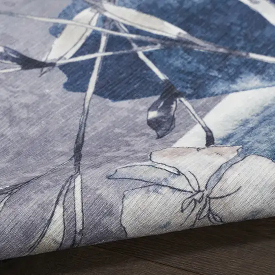 5' X 7' Ivory Blue and Gray Floral Power Loom Washable Non Skid Area Rug Photo 8