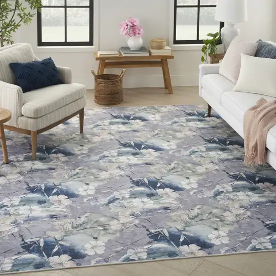 5' X 7' Ivory Blue and Gray Floral Power Loom Washable Non Skid Area Rug Photo 5