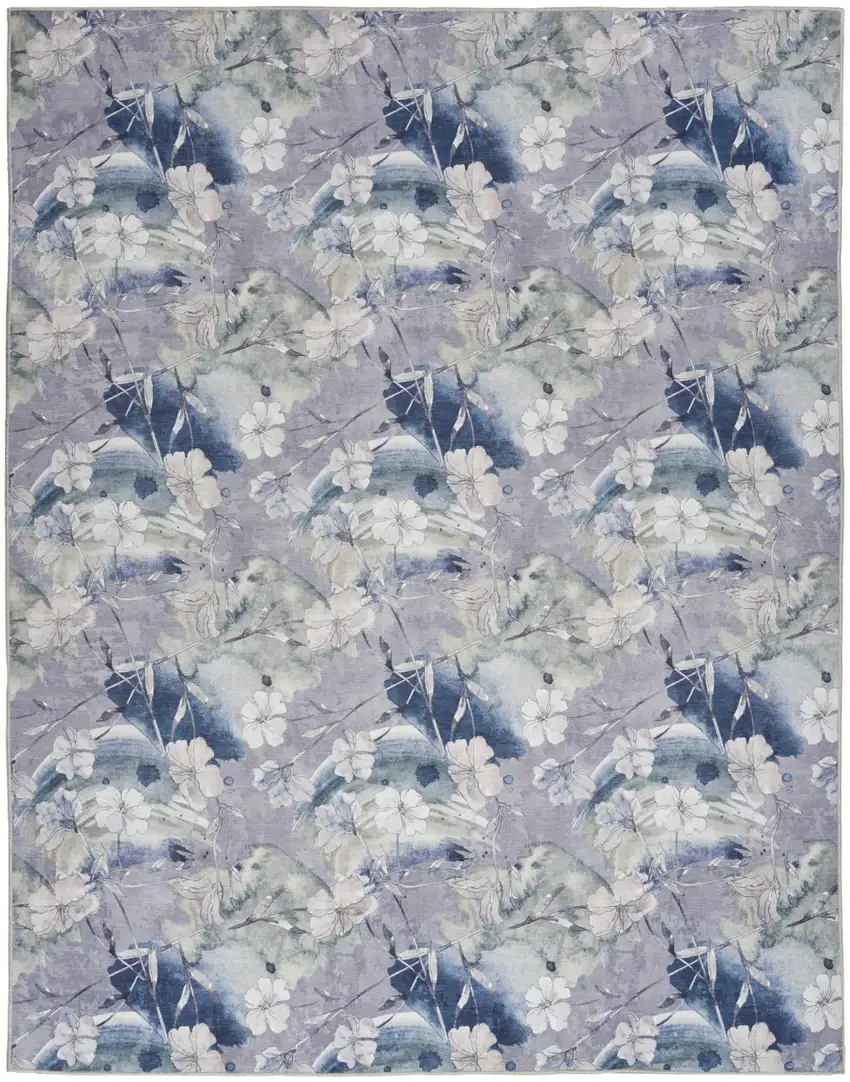 5' X 7' Ivory Blue and Gray Floral Power Loom Washable Non Skid Area Rug Photo 2