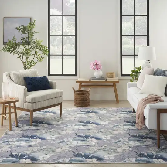 5' X 7' Ivory Blue and Gray Floral Power Loom Washable Non Skid Area Rug Photo 6